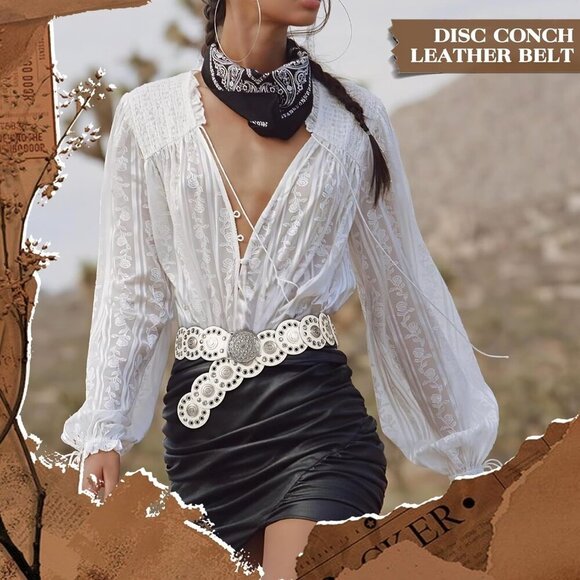 Women Vintage Disc Waist Concho Leather Belt Boho Waist Belt White Silver Buckle main image 5